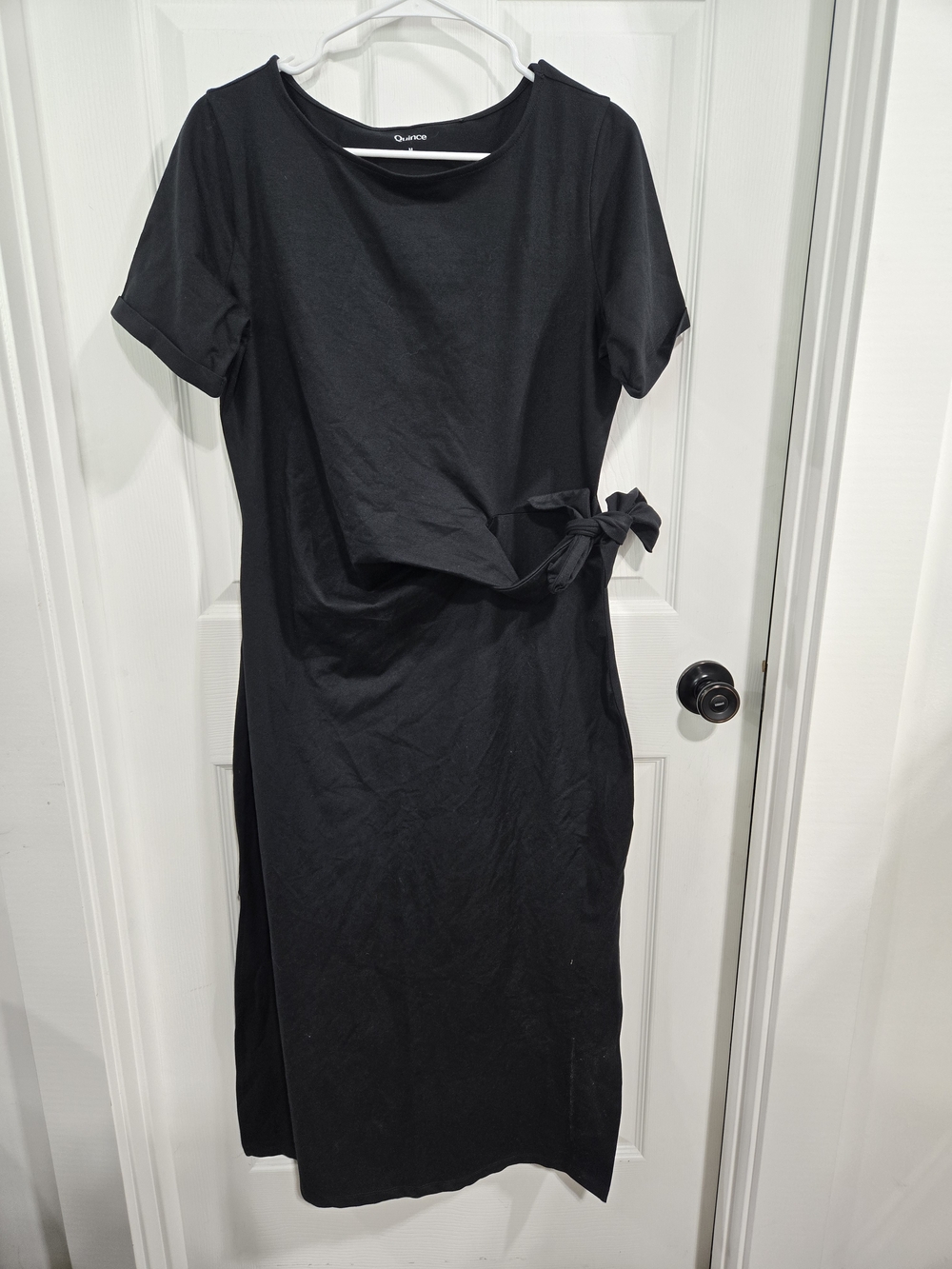 Quince Black Short-Sleeve Tie-Waist Midi Dress